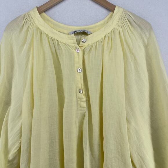 ZARA Top Womens L Popover Smocked Blouse Balloon Sleeve Ramie Cotton Yellow - Picture 3 of 12